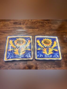 Tuscan Sunflower Dinner Plates Set of 2 10in Square Ceramic Floral Blue Yellow